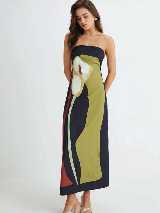 Commense Strapless Maxi Dress in Olive, Black & Cream Floral - Picture 3 of 9